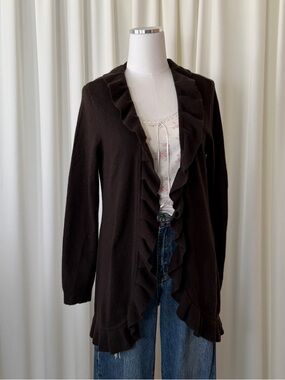 Vintage Y2K Chico's 100% Cashmere Brown Ruffle Open Front Cardigan Sweater.